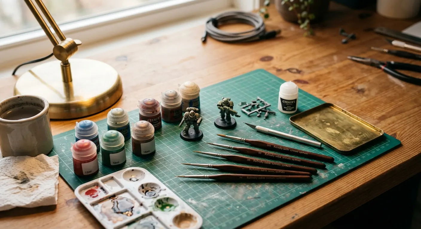 Affordable miniature painting supplies and brushes on a hobby desk